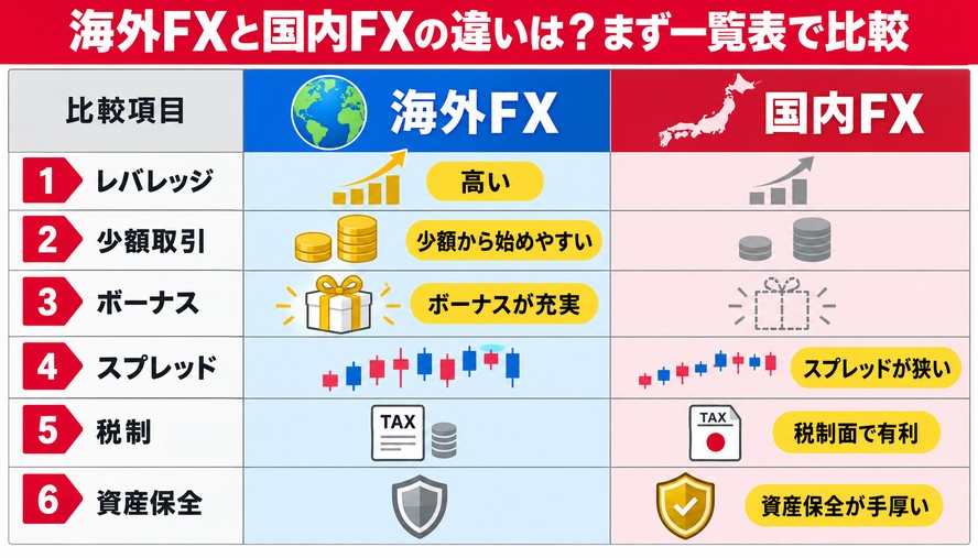 海外FXと国内FXの違いは？まず一覧表で比較