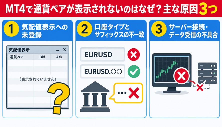 MT4で通貨ペアが表示されないのはなぜ？主な原因3つ
